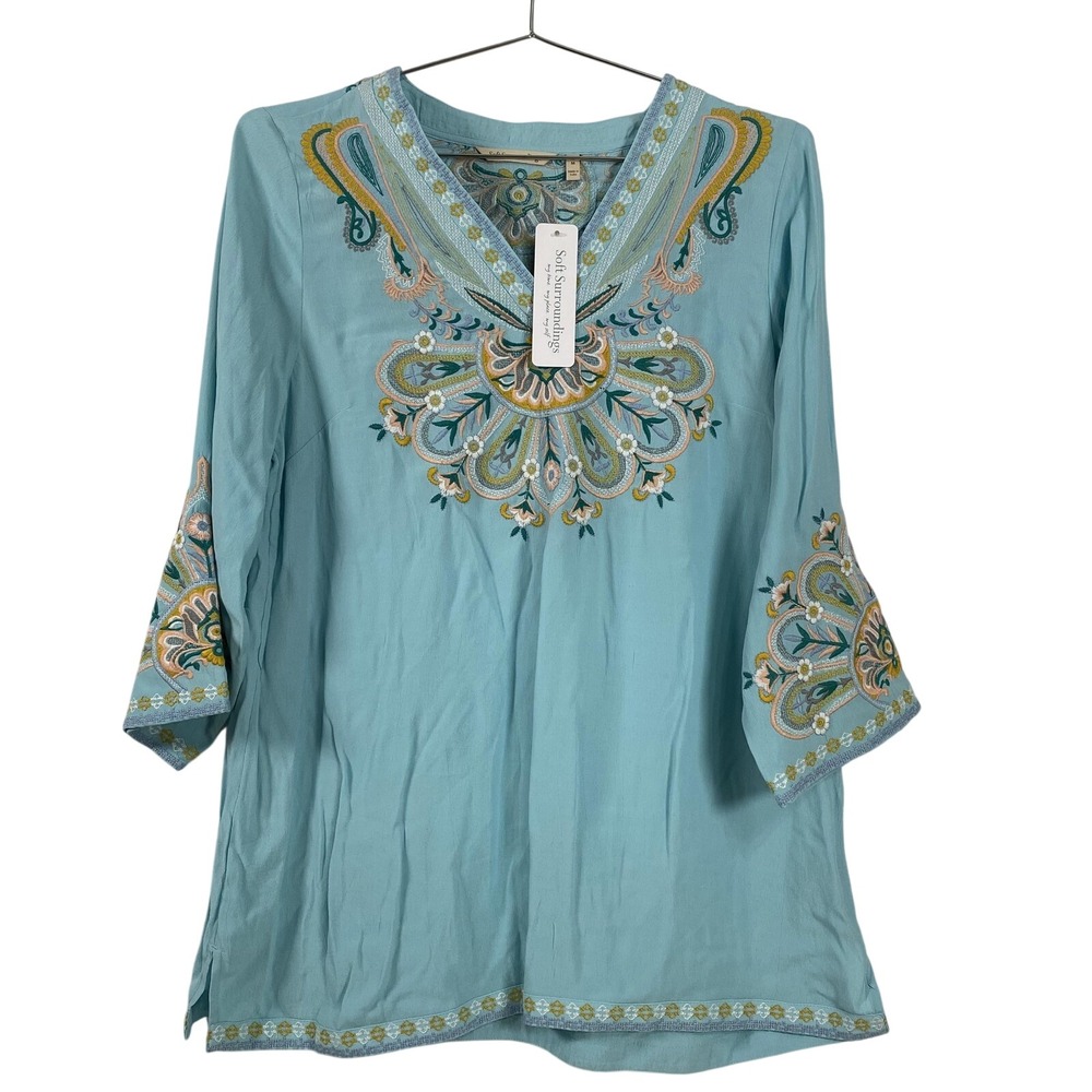 Soft Surroundings Shirt Womens Medium Aquamarine River Island Tunic Embroidered